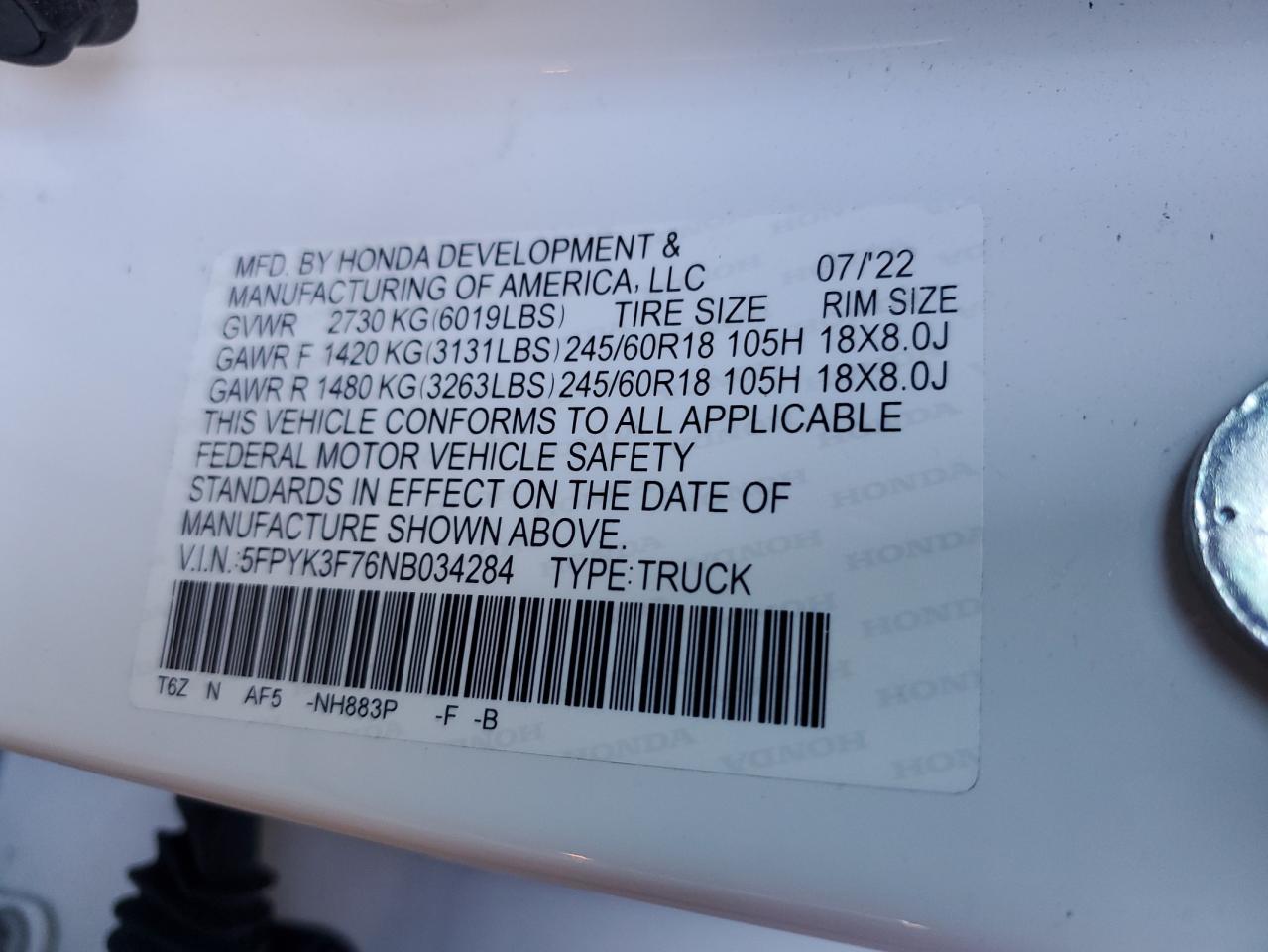 2022 HONDA RIDGELINE RTL VIN:5FPYK3F76NB034284