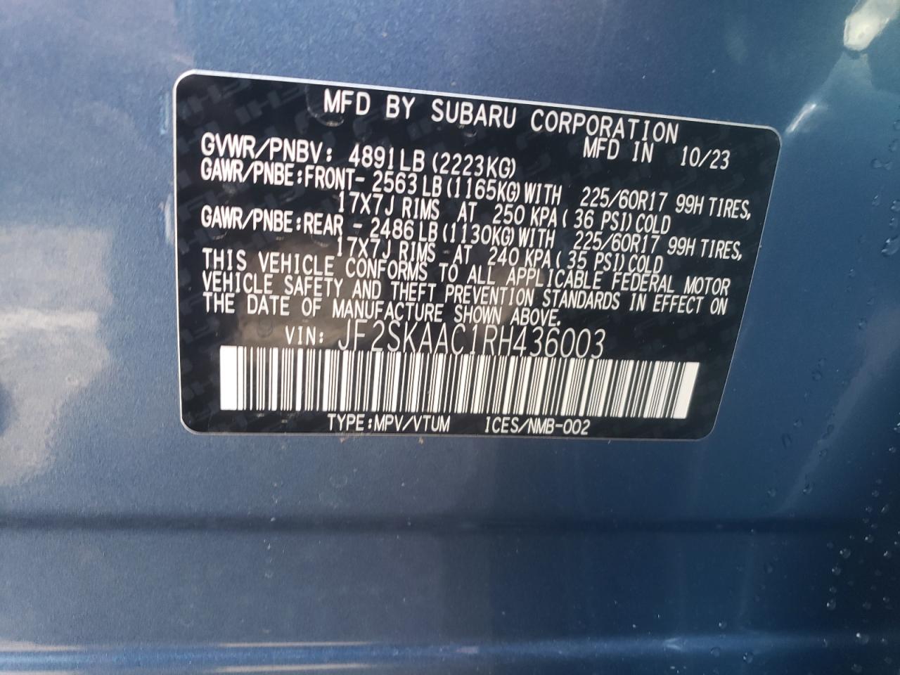 2024 SUBARU FORESTER VIN:JF2SKAAC1RH436003