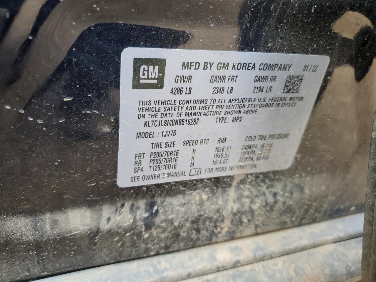 2022 CHEVROLET TRAX 1LT VIN:KL7CJLSM0NB516282