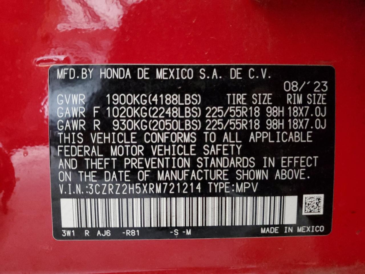 2024 HONDA HR-V SPORT VIN:3CZRZ2H5XRM721214