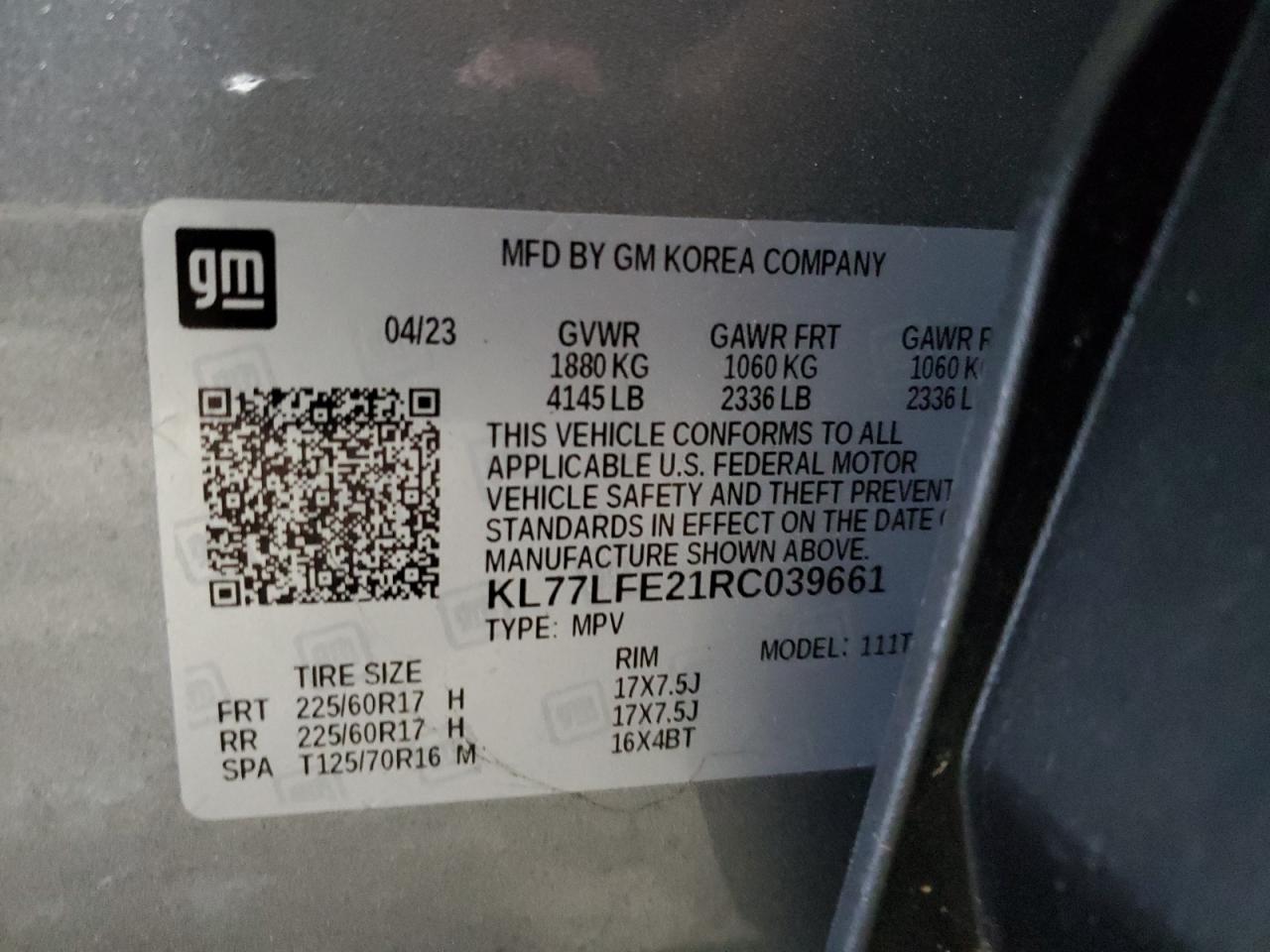 2024 CHEVROLET TRAX LS VIN:KL77LFE21RC039661