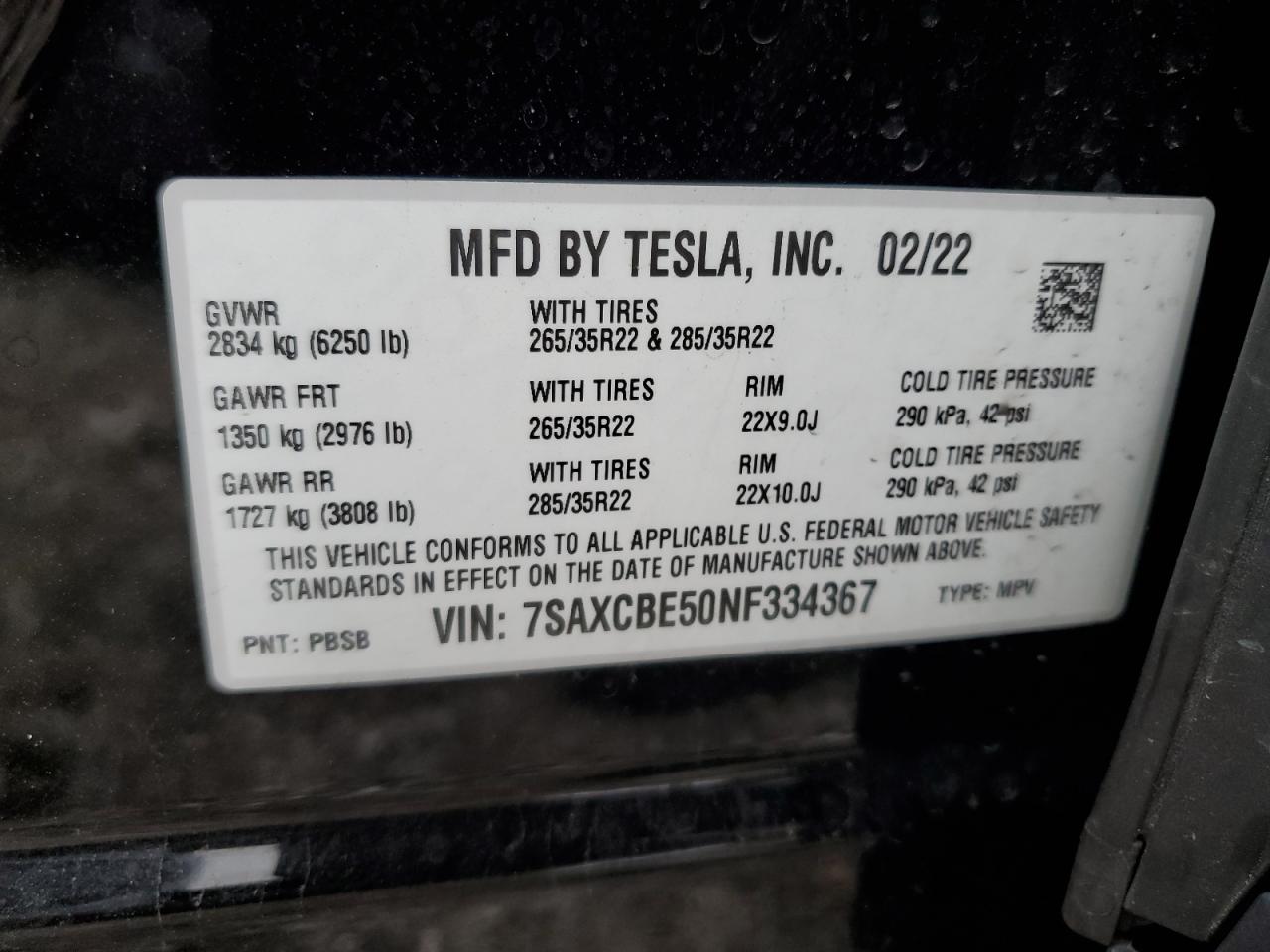 2022 TESLA MODEL X VIN:7SAXCBE50NF334367