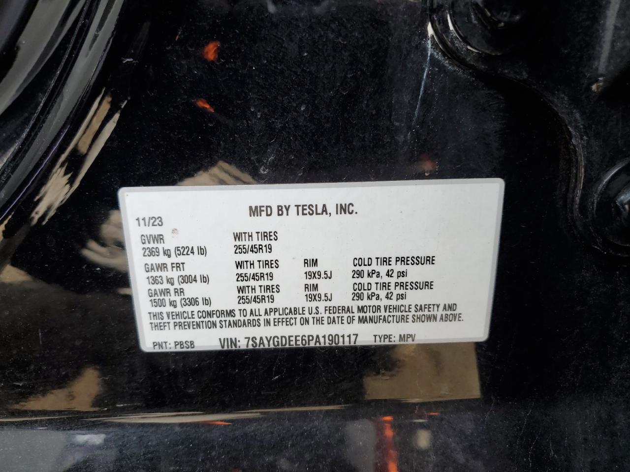 2023 TESLA MODEL Y VIN:7SAYGDEE6PA190117