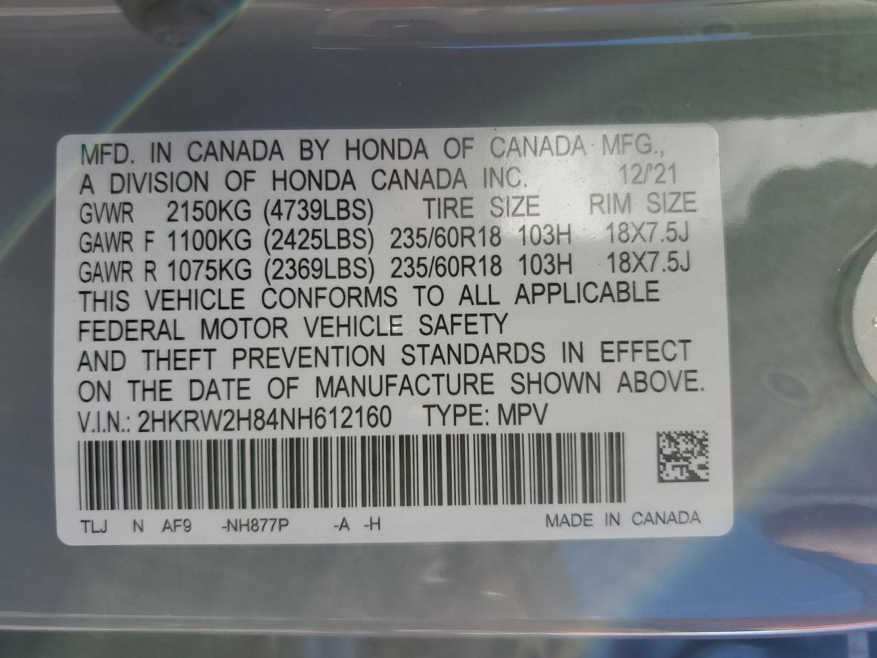 2022 HONDA CR-V EXL VIN:2HKRW2H84NH612160