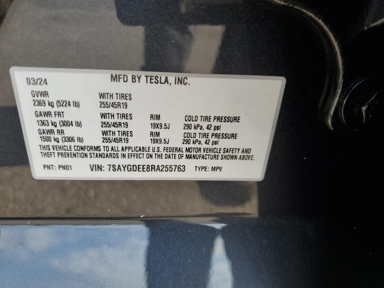 2024 TESLA MODEL Y VIN:7SAYGDEE8RA255763