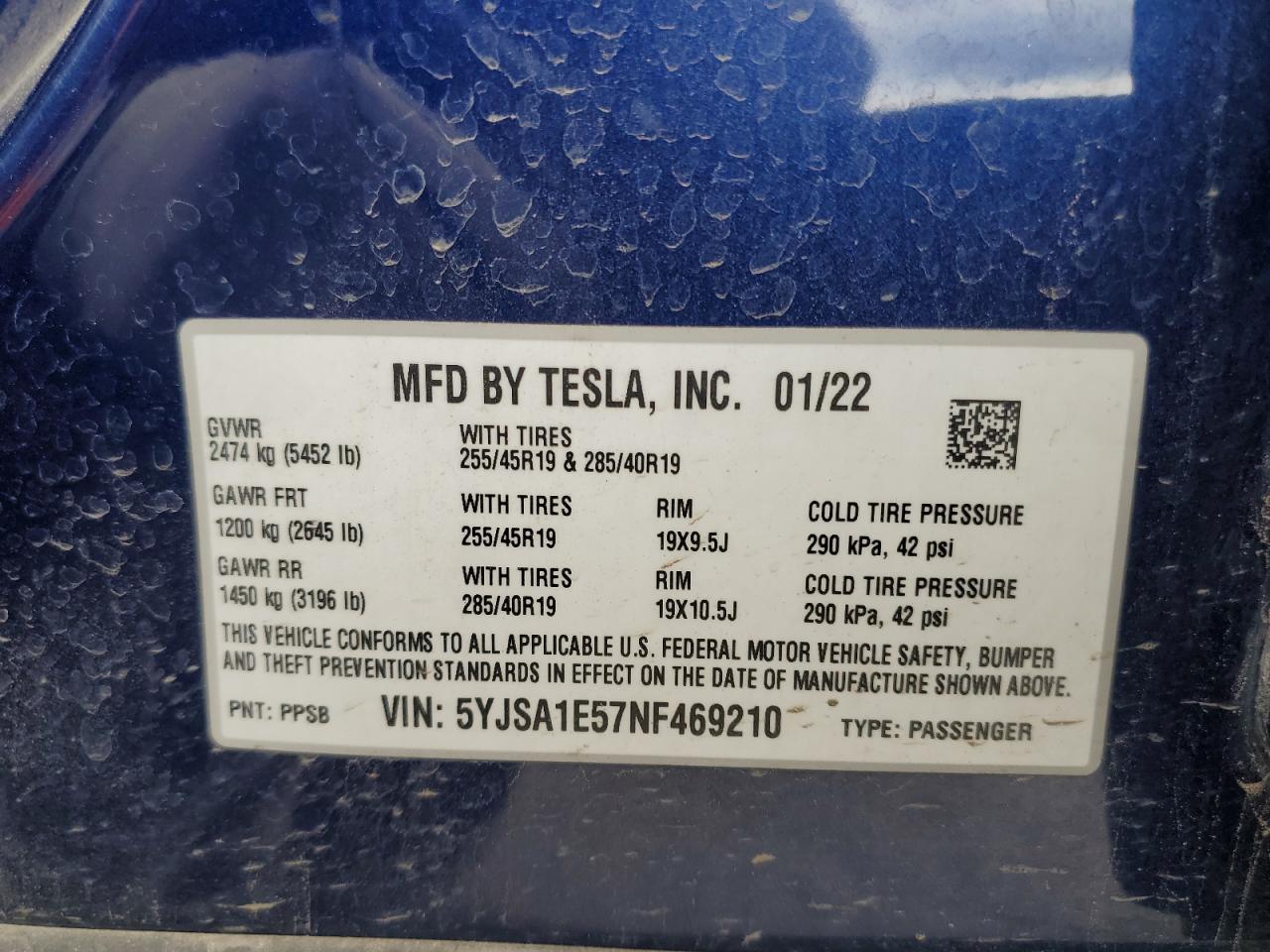 2022 TESLA MODEL S VIN:5YJSA1E57NF469210