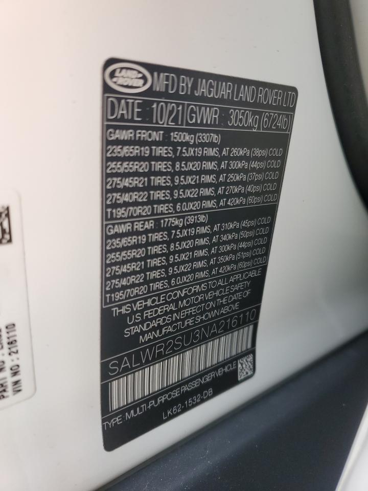 2022 LAND ROVER RANGE ROVER SPORT HSE SILVER EDITION VIN:SALWR2SU3NA216110