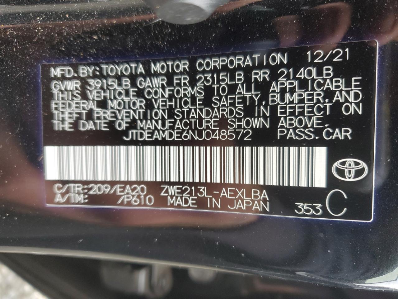 2022 TOYOTA COROLLA LE VIN:JTDEAMDE6NJ048572