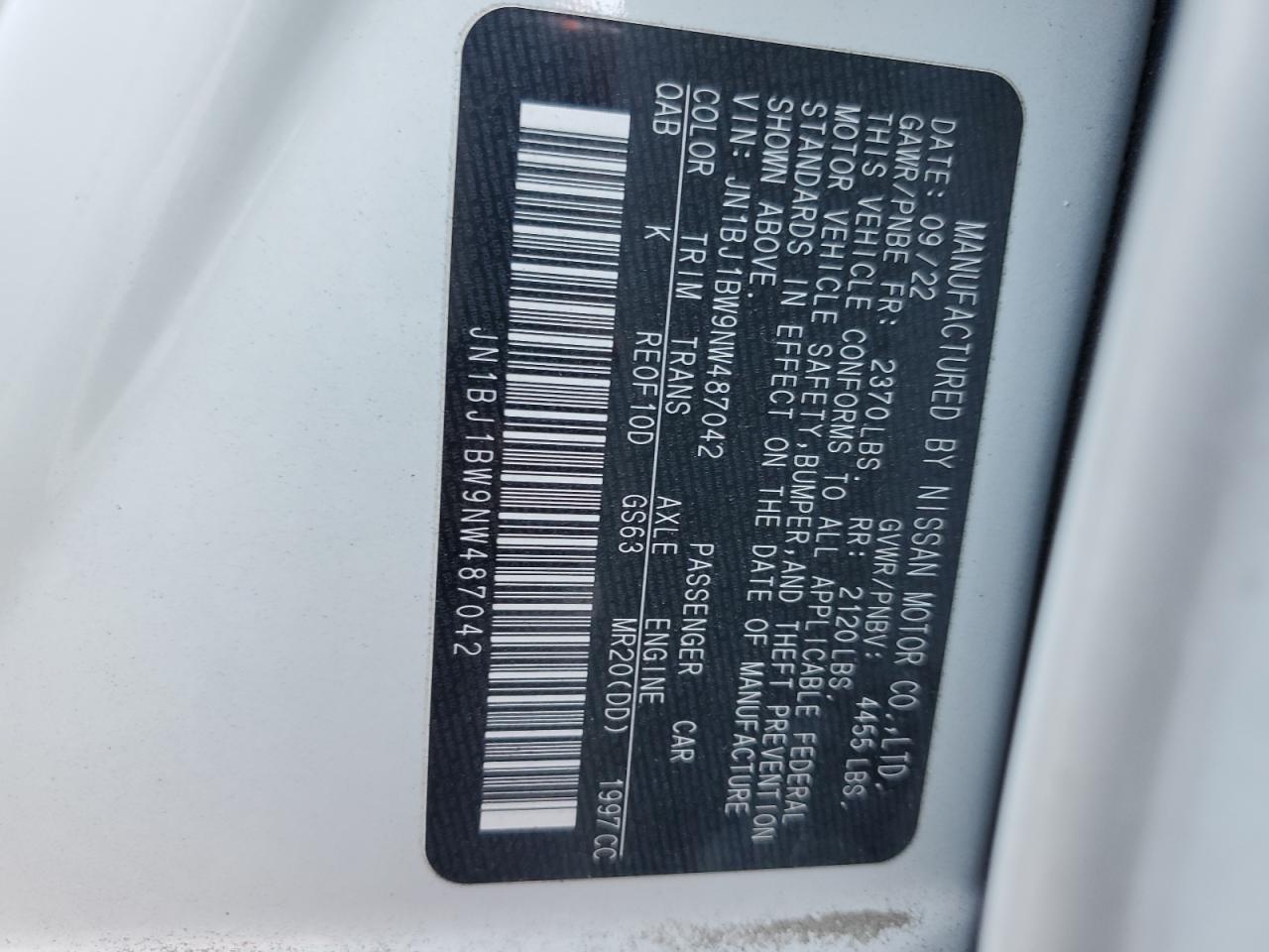 2022 NISSAN ROGUE SPORT SV VIN:JN1BJ1BW9NW487042