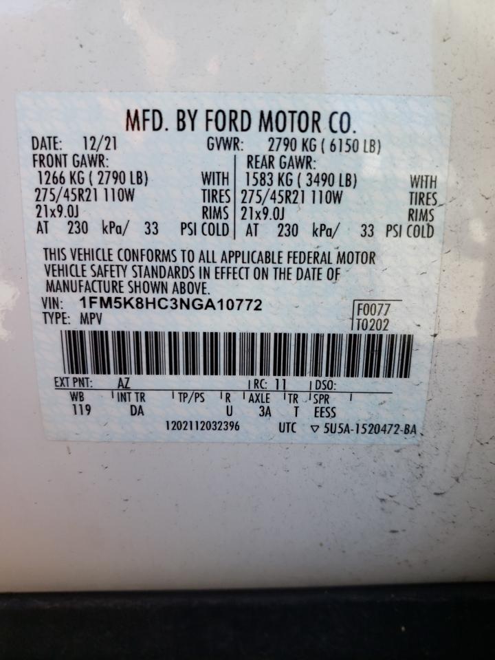 2022 FORD EXPLORER PLATINUM VIN:1FM5K8HC3NGA10772