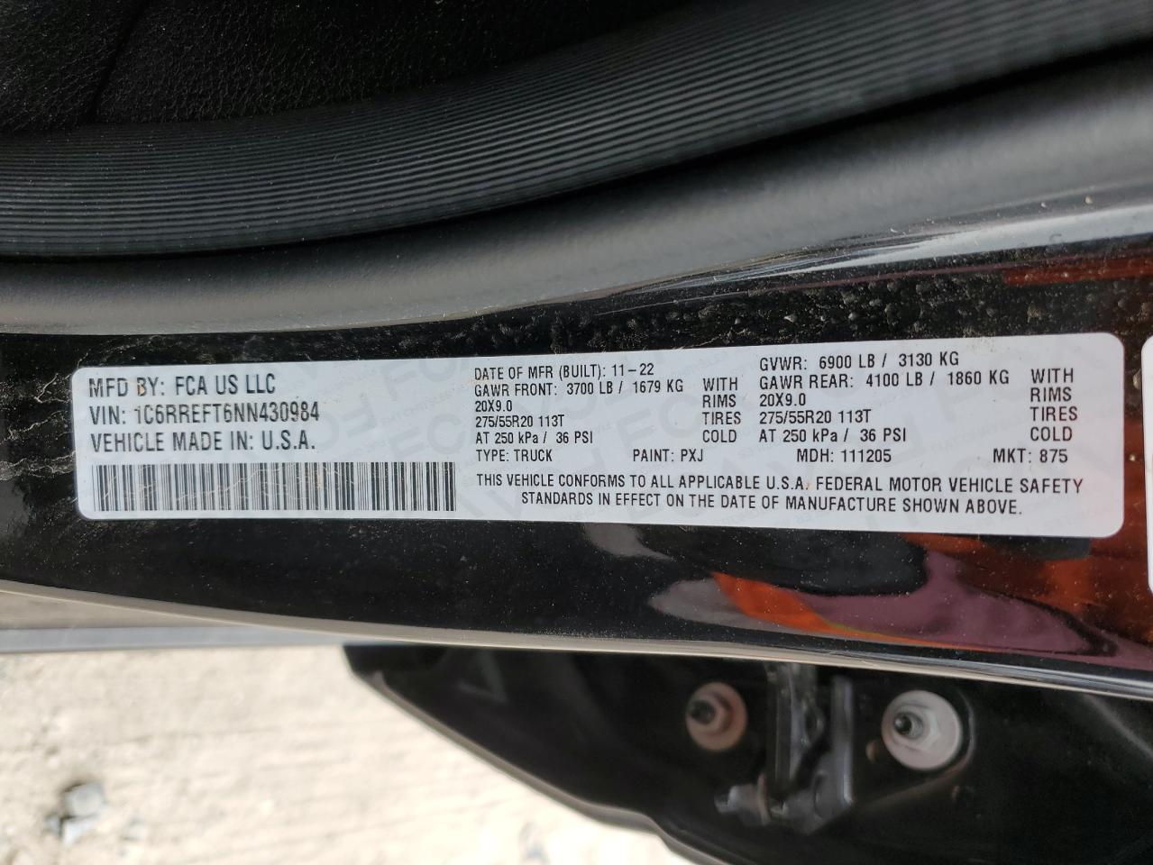 2022 RAM 1500 BIG HORN/LONE STAR VIN:1C6RREFT6NN430984