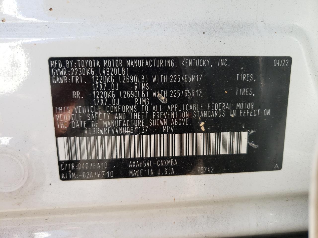 2022 TOYOTA RAV4 XLE VIN:4T3RWRFV4NU064137