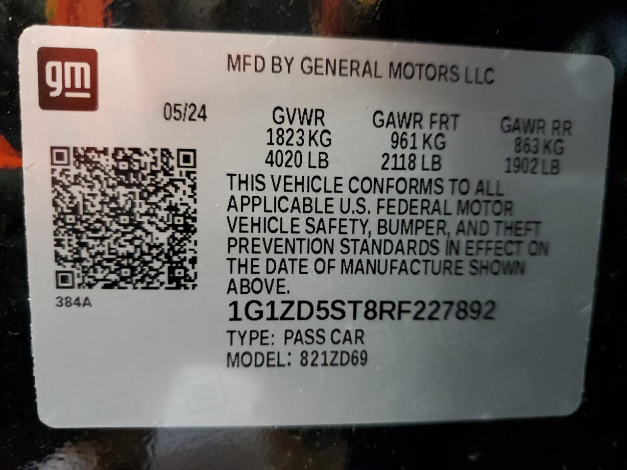 2024 CHEVROLET MALIBU LT VIN:1G1ZD5ST8RF227892