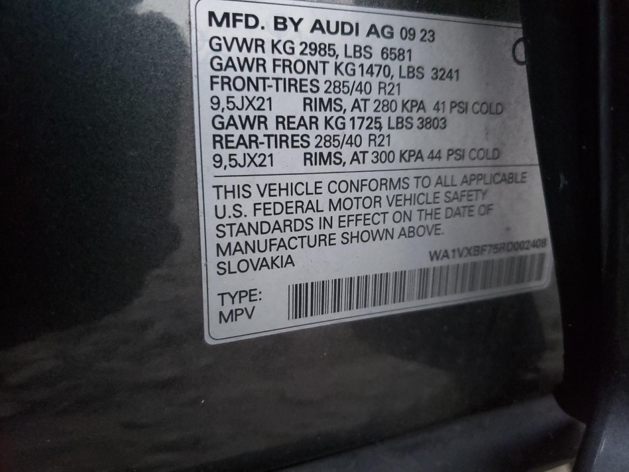 2024 AUDI Q7 PRESTIGE VIN:WA1VXBF75RD002408
