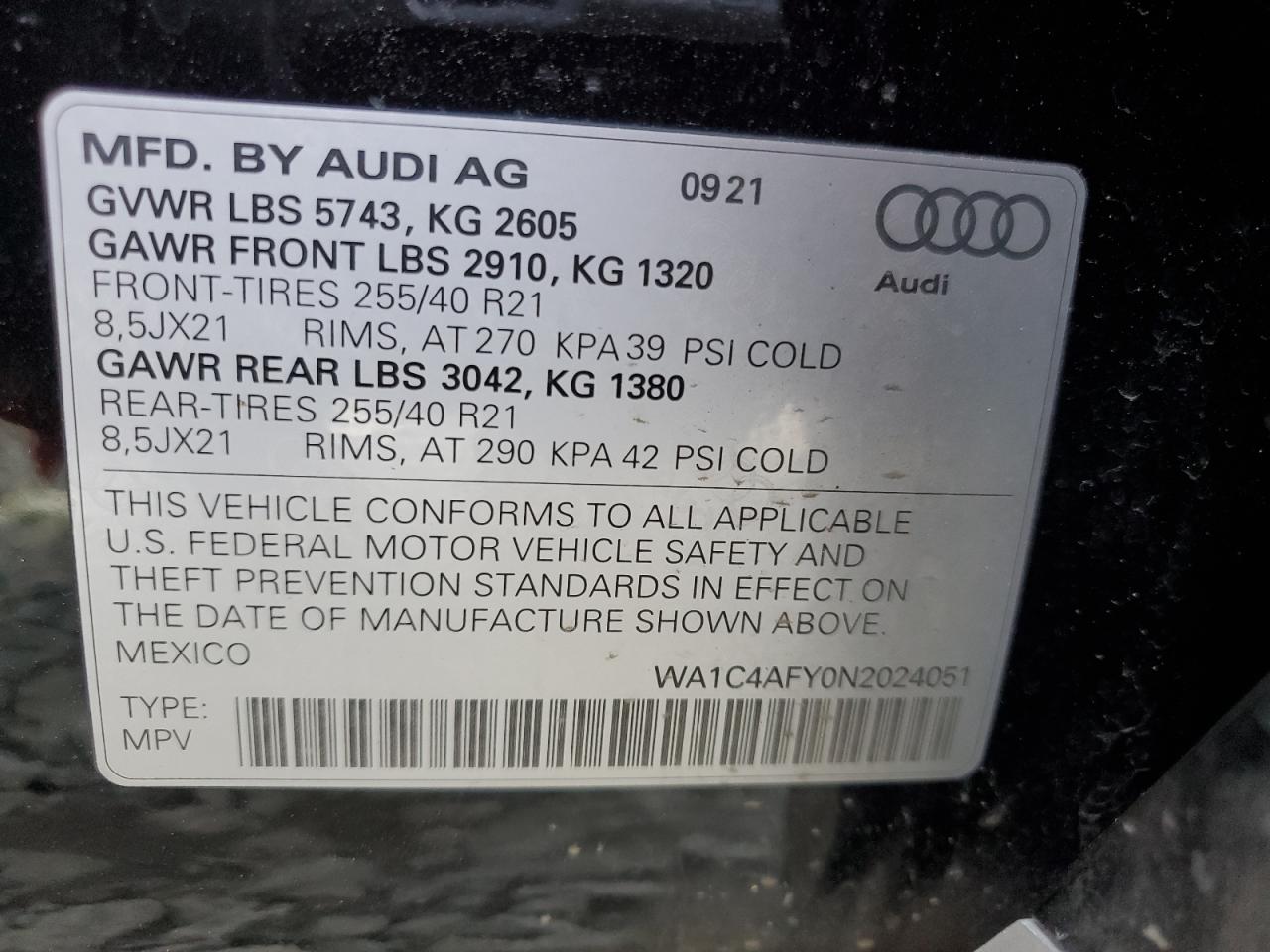 2022 AUDI SQ5 PRESTIGE VIN:WA1C4AFY0N2024051