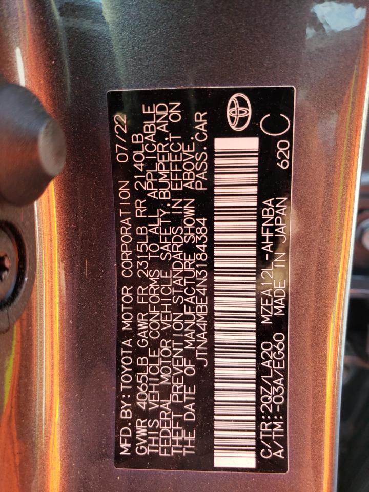 2022 TOYOTA COROLLA XSE VIN:JTNA4MBE4N3184384