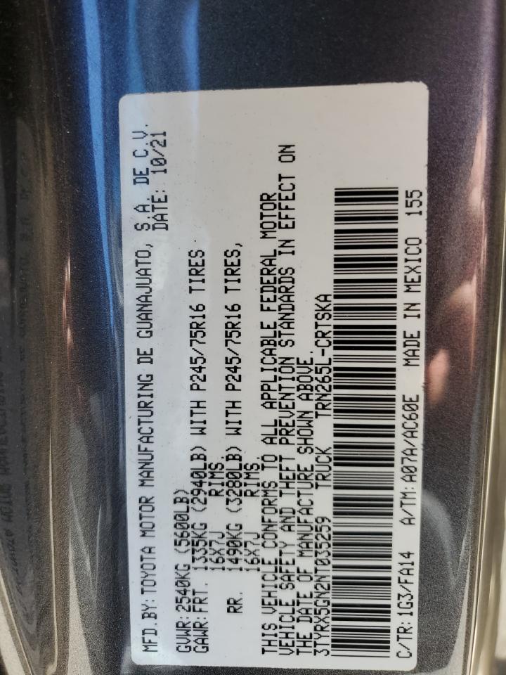 2022 TOYOTA TACOMA ACCESS CAB VIN:3TYRX5GN2NT035259