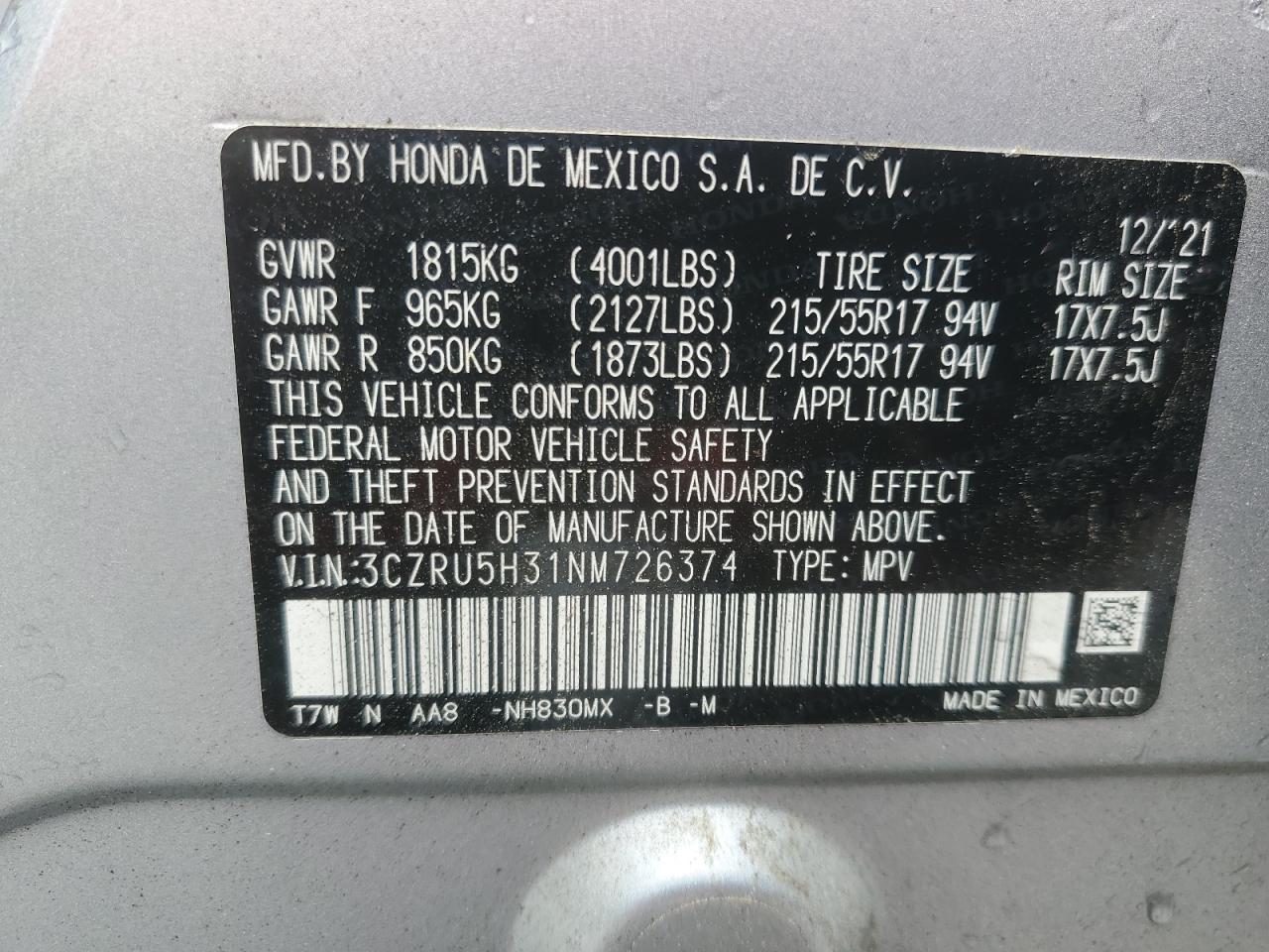 2022 HONDA HR-V LX VIN:3CZRU5H31NM726374