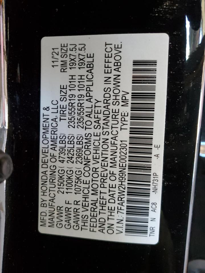 2022 HONDA CR-V TOURING VIN:7FARW2H99NE002301