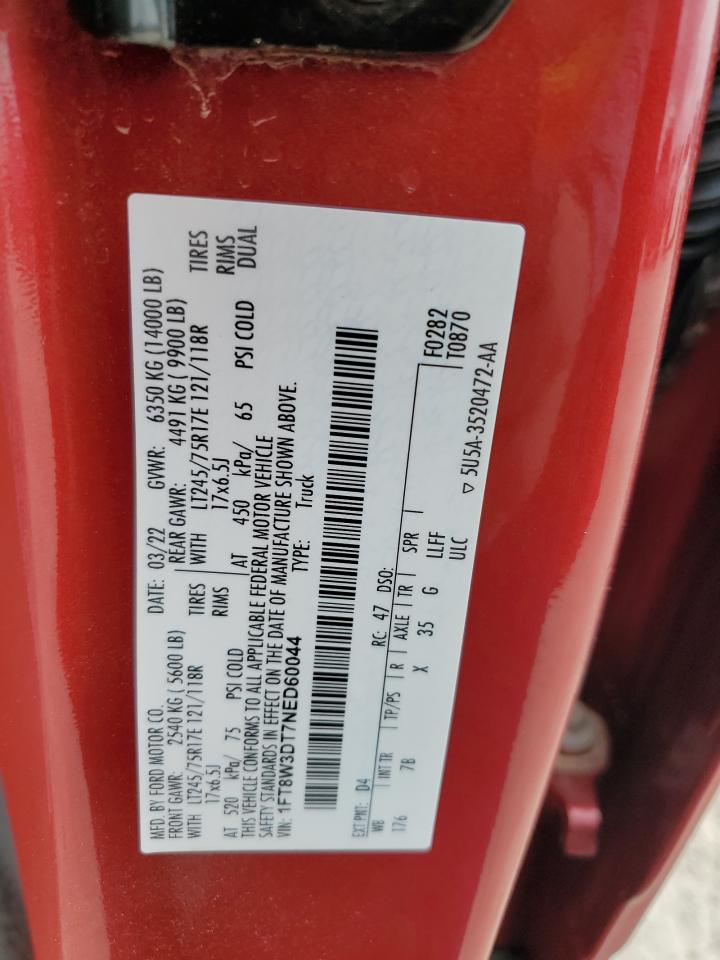2022 FORD F350 SUPER DUTY VIN:1FT8W3DT7NED60044