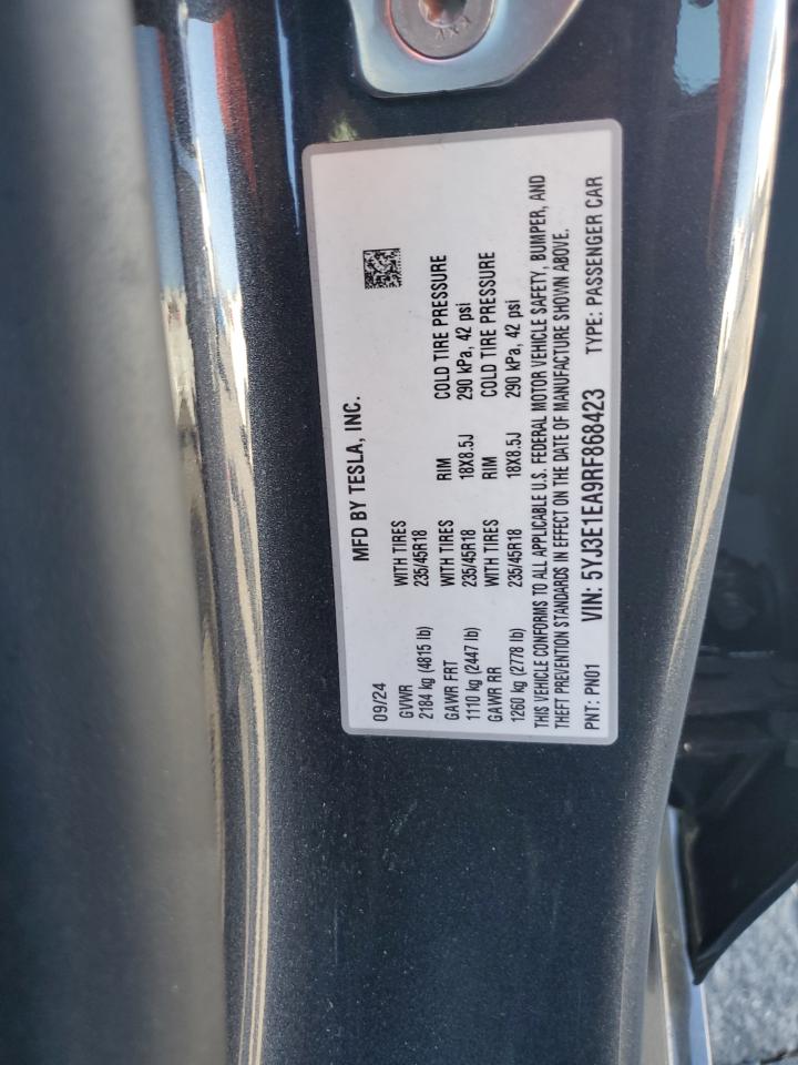 2024 TESLA MODEL 3 VIN:5YJ3E1EA9RF868423
