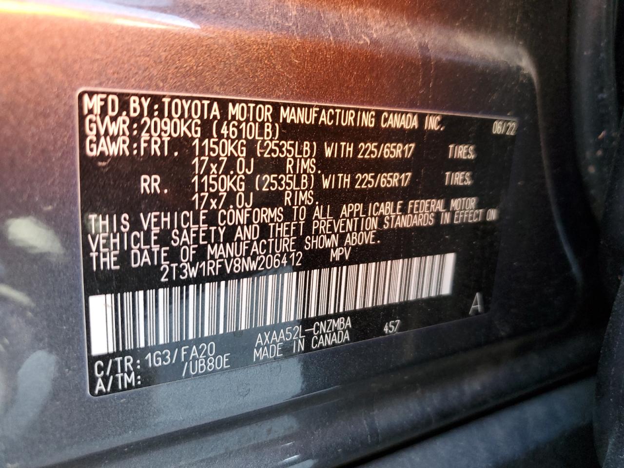 2022 TOYOTA RAV4 XLE VIN:2T3W1RFV8NW206412