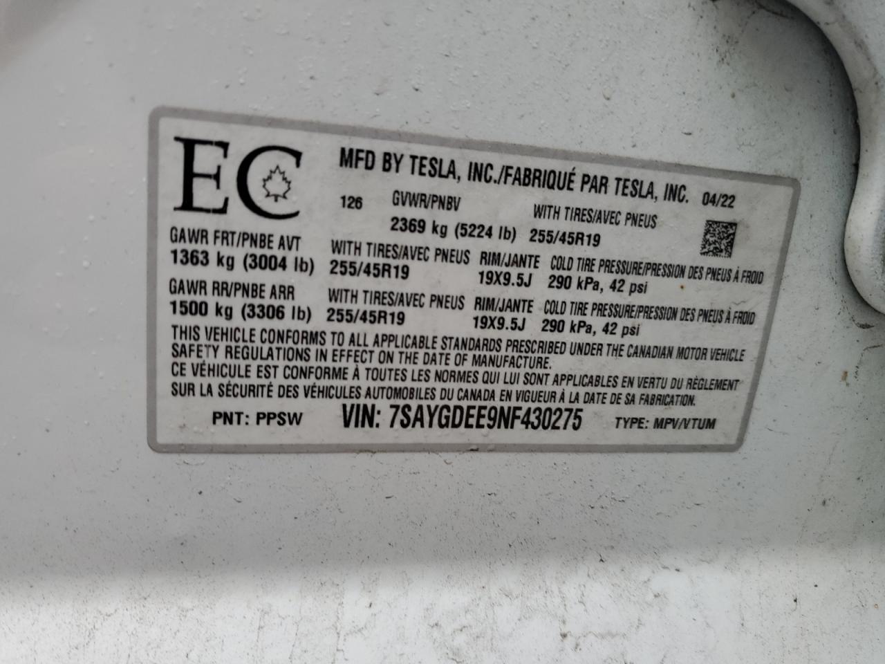 2022 TESLA MODEL Y VIN:7SAYGDEE9NF430275