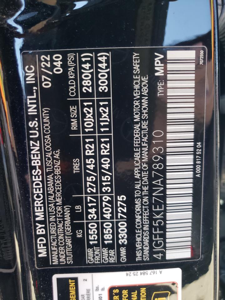 2022 MERCEDES-BENZ GLS 450 4MATIC VIN:4JGFF5KE7NA789310