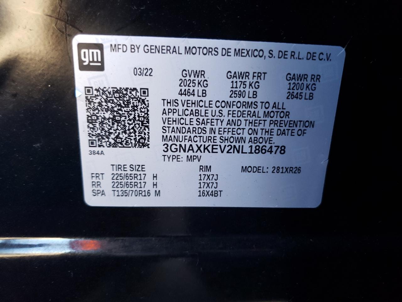 2022 CHEVROLET EQUINOX LT VIN:3GNAXKEV2NL186478
