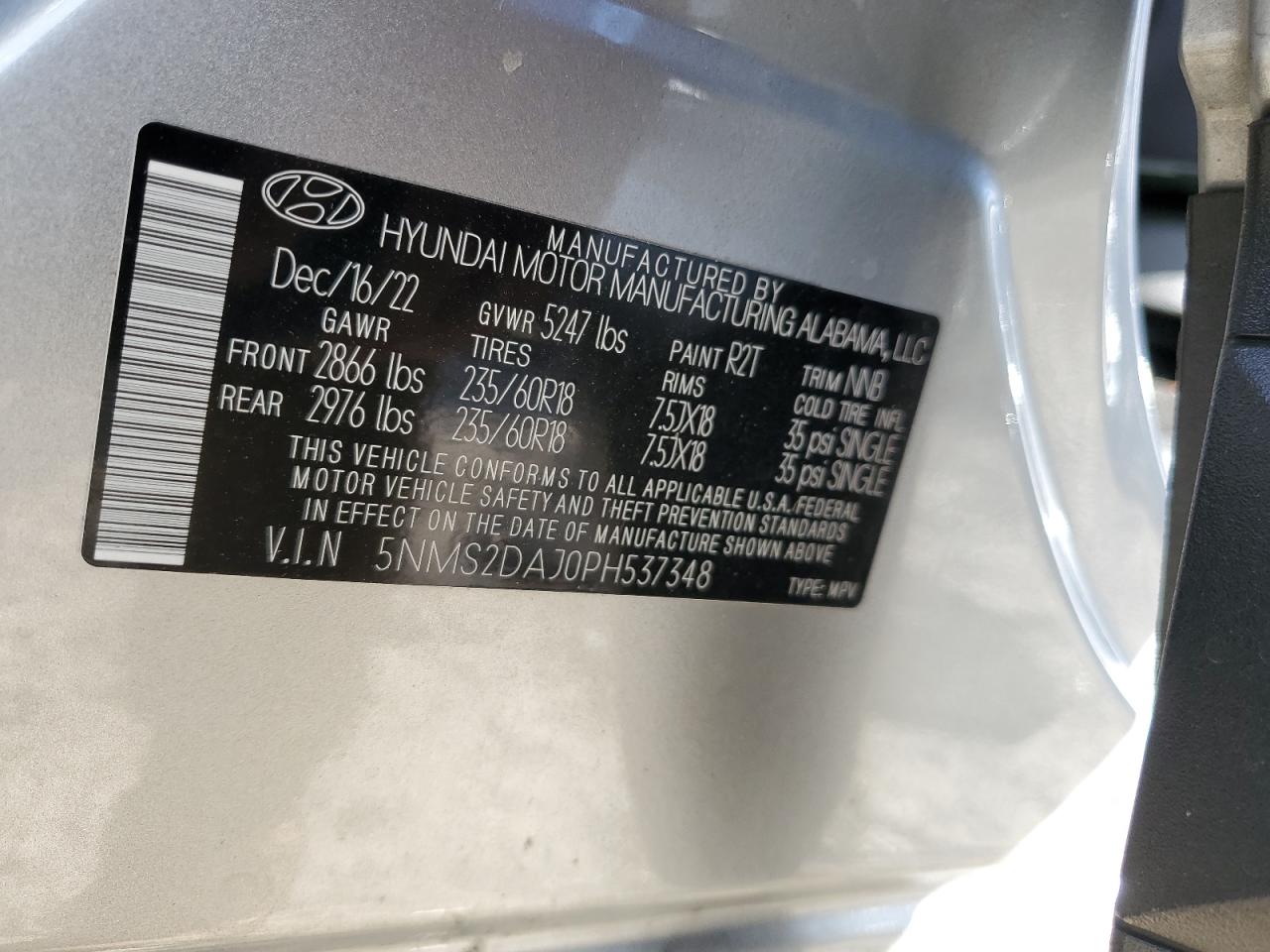 2023 HYUNDAI SANTA FE SEL VIN:5NMS2DAJ0PH537348