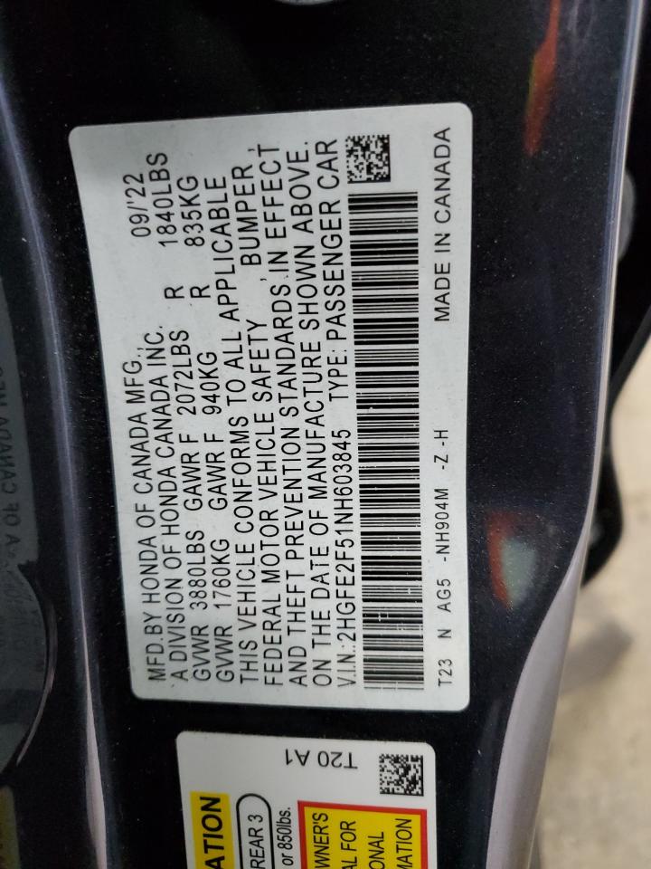 2022 HONDA CIVIC SPORT VIN:2HGFE2F51NH603845