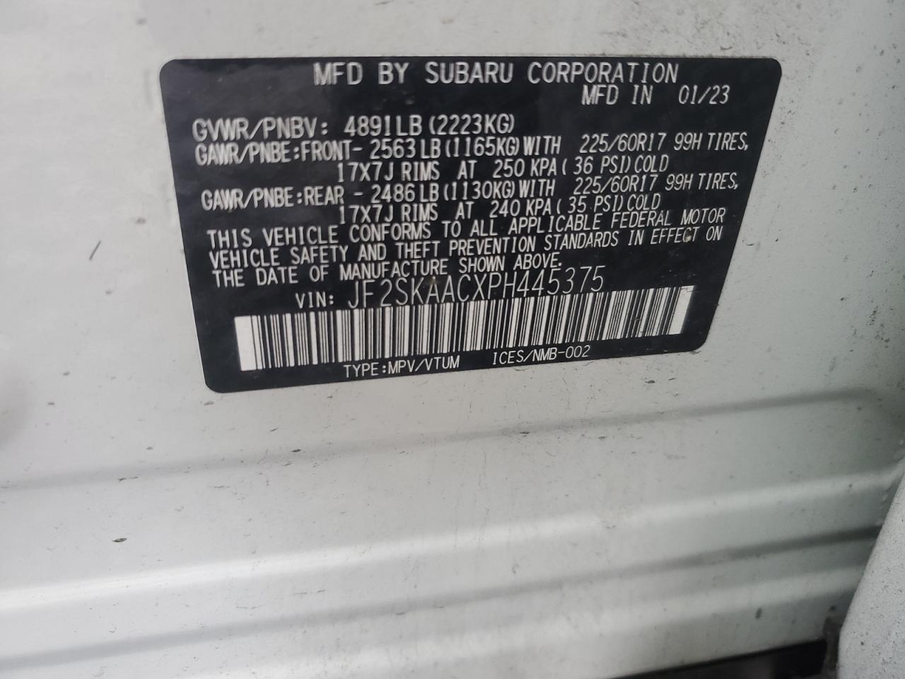 2023 SUBARU FORESTER VIN:JF2SKAACXPH445375