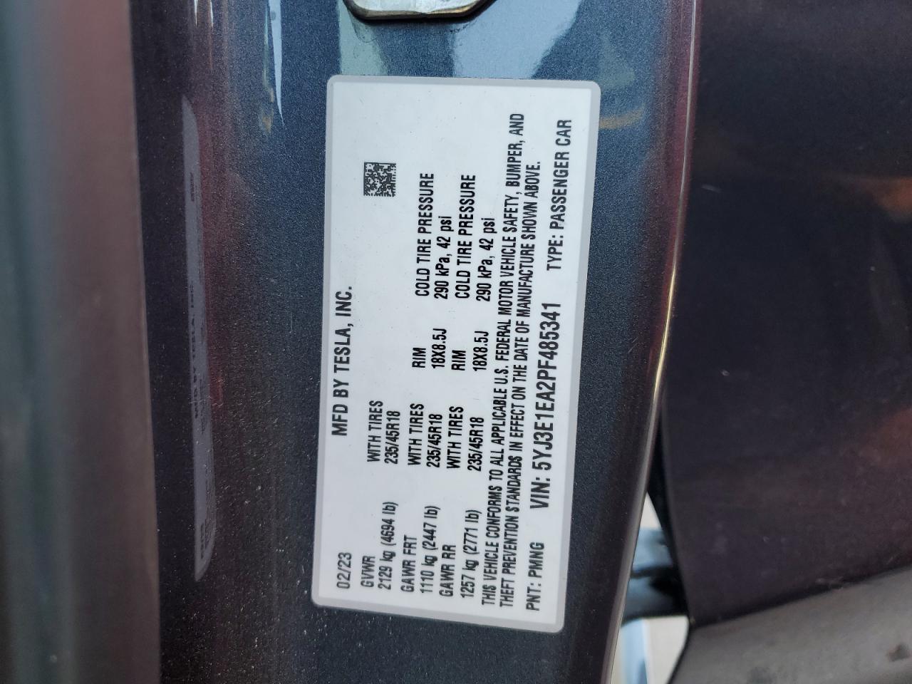 2023 TESLA MODEL 3 VIN:5YJ3E1EA2PF485341