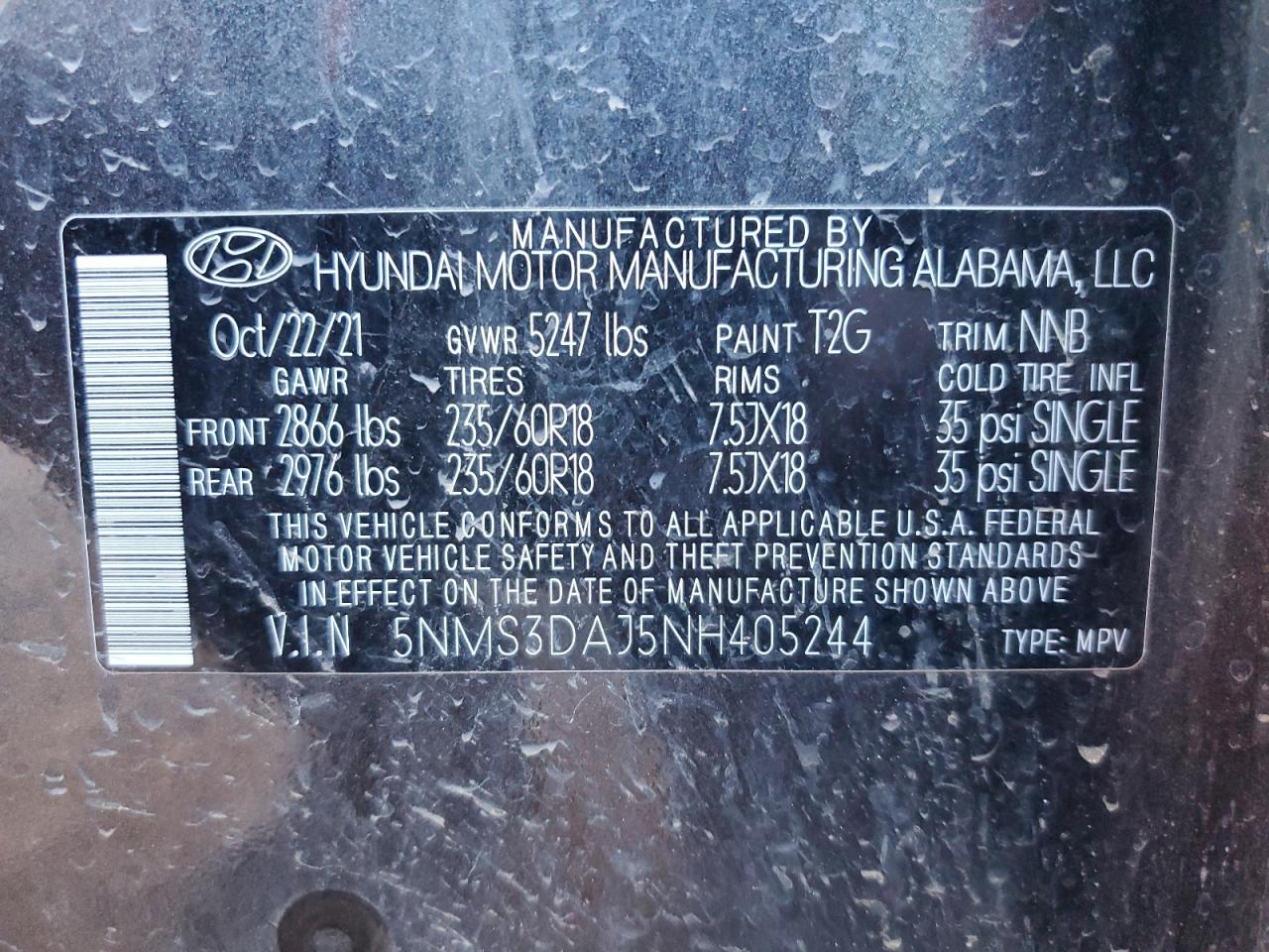 2022 HYUNDAI SANTA FE SEL VIN:5NMS3DAJ5NH405244