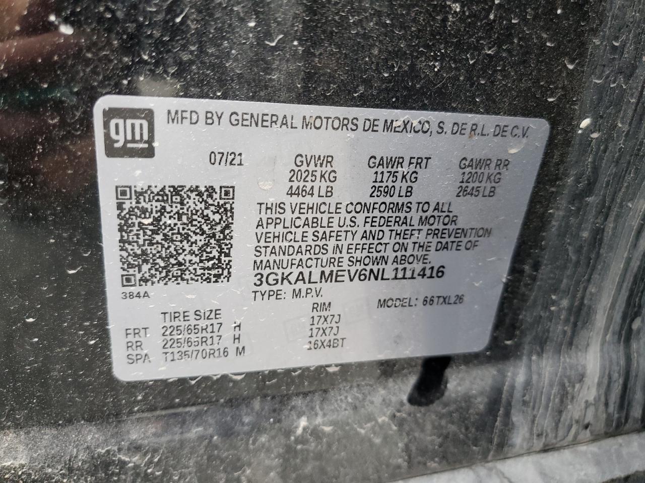 2022 GMC TERRAIN SLE VIN:3GKALMEV6NL111416