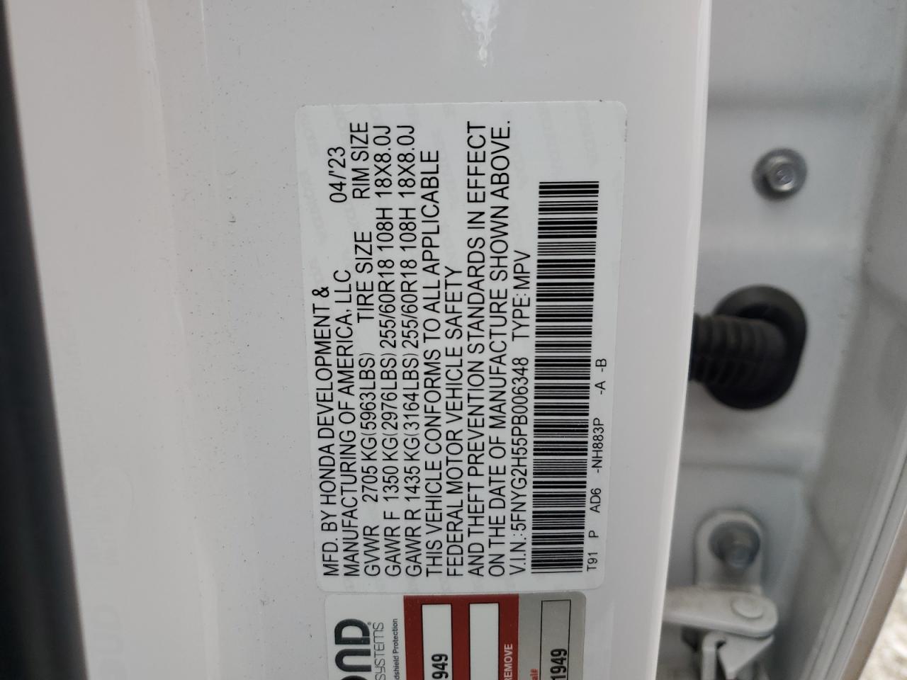 2023 HONDA PILOT EXL VIN:5FNYG2H55PB006348
