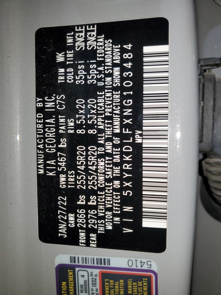 2022 KIA SORENTO SX VIN:5XYRKDLFXNG103484
