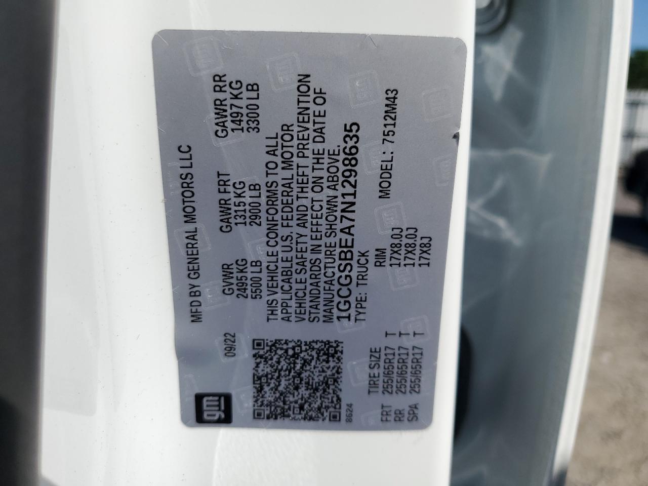 2022 CHEVROLET COLORADO VIN:1GCGSBEA7N1298635