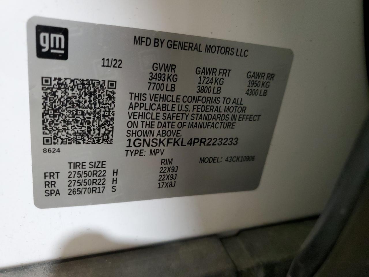 2023 CHEVROLET SUBURBAN K1500 PREMIER VIN:1GNSKFKL4PR223233