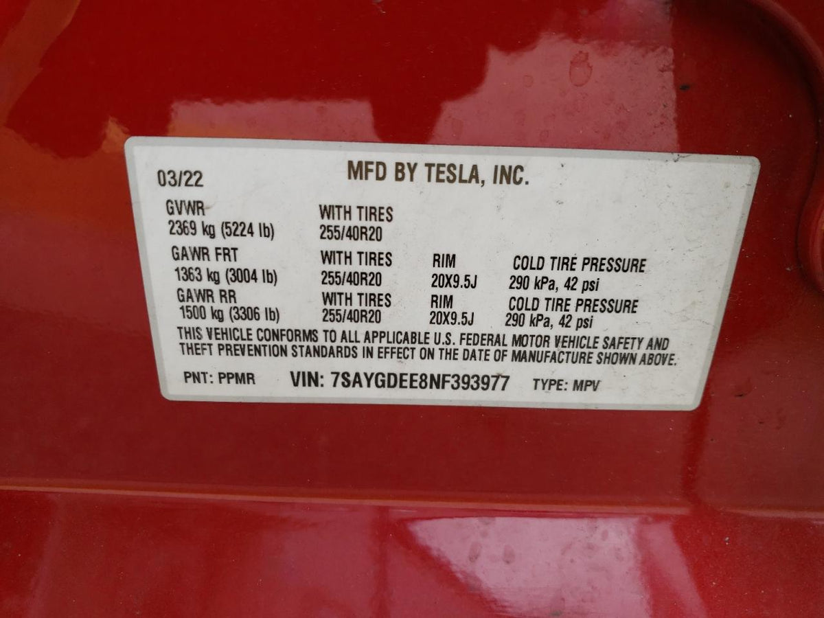2022 TESLA MODEL Y VIN:7SAYGDEE8NF393977