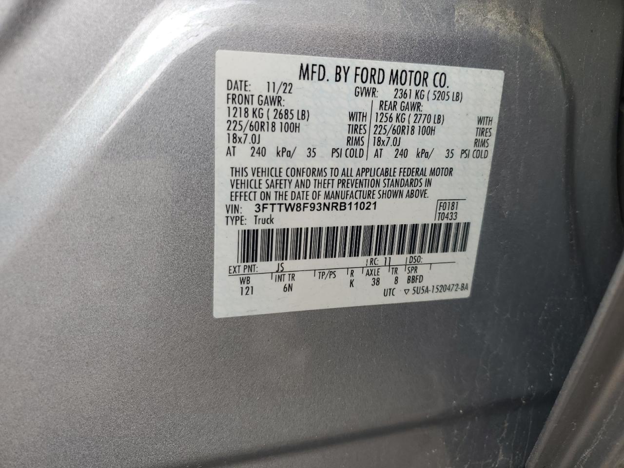 2022 FORD MAVERICK XL VIN:3FTTW8F93NRB11021