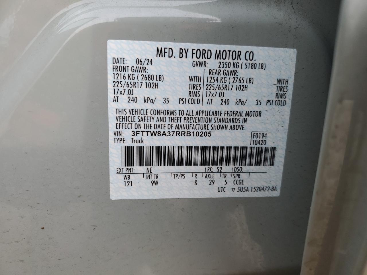 2024 FORD MAVERICK XL VIN:3FTTW8A37RRB10205