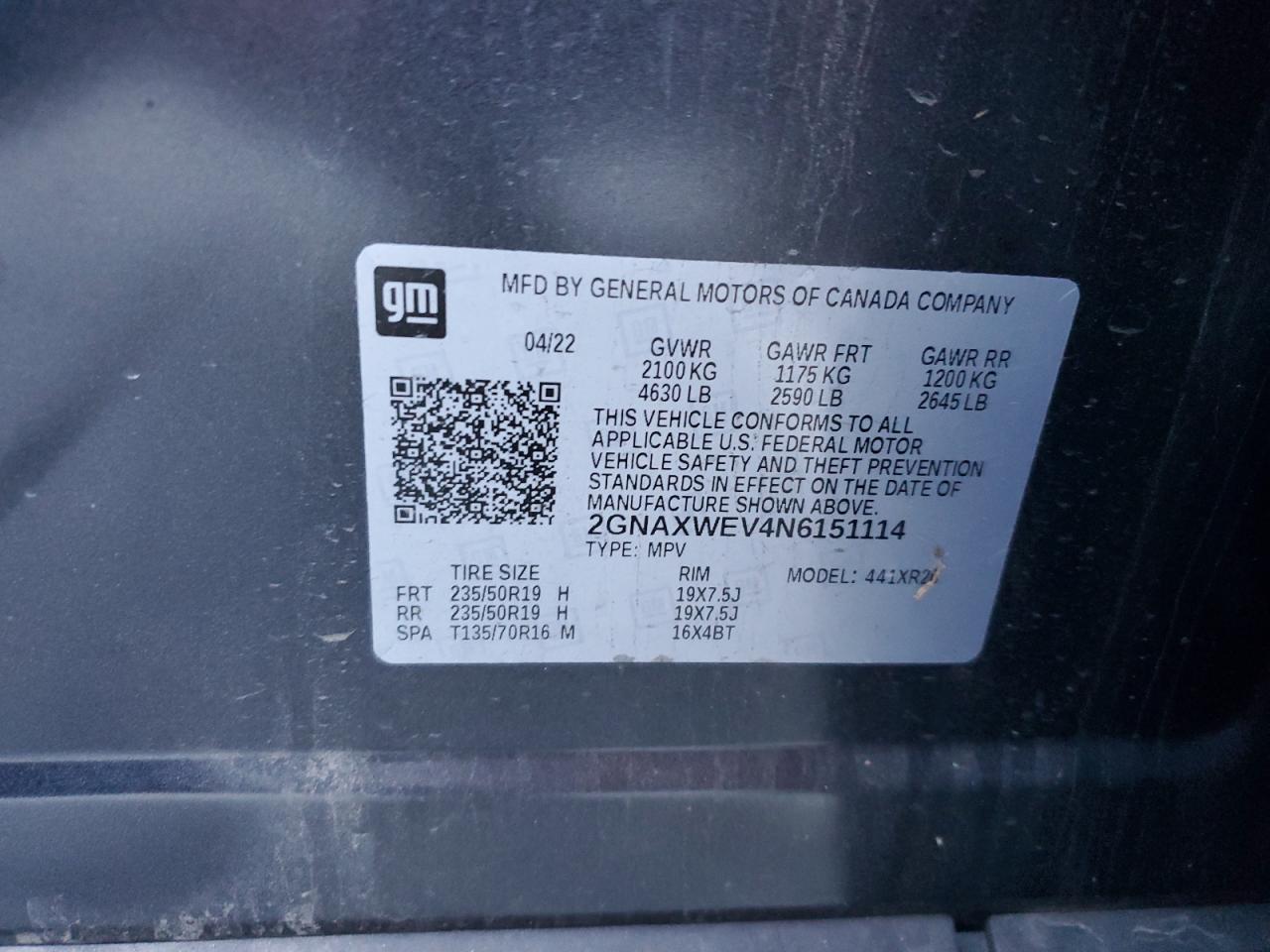 2022 CHEVROLET EQUINOX RS VIN:2GNAXWEV4N6151114