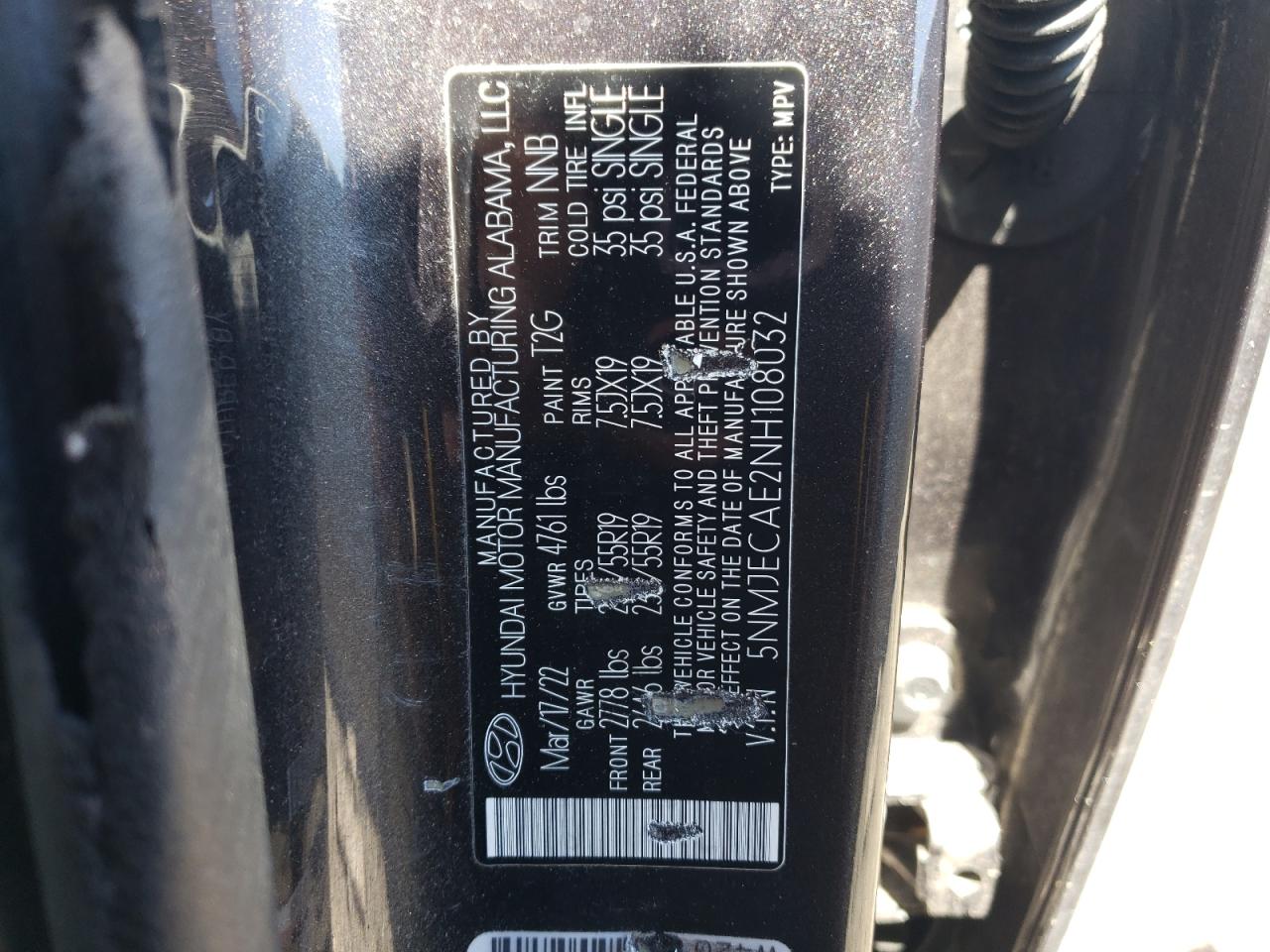 2022 HYUNDAI TUCSON LIMITED VIN:5NMJECAE2NH108032