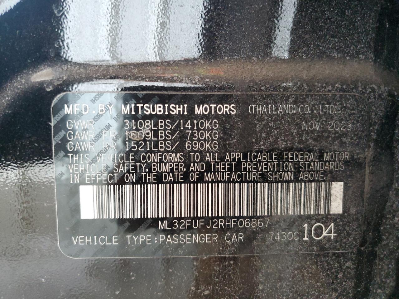 2024 MITSUBISHI MIRAGE G4 ES VIN:ML32FUFJ2RHF06867