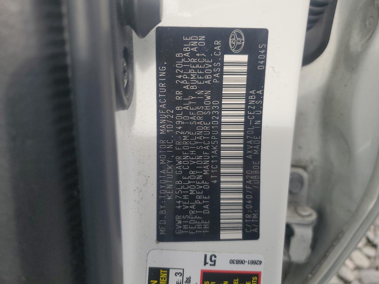 2023 TOYOTA CAMRY LE VIN:4T1C11AK5PU102330