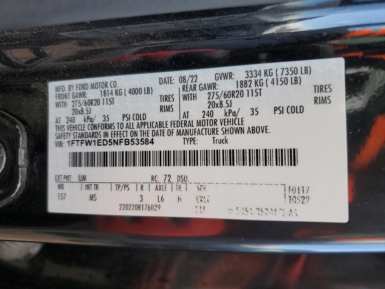 2022 FORD F150 SUPERCREW VIN:1FTFW1ED5NFB53584
