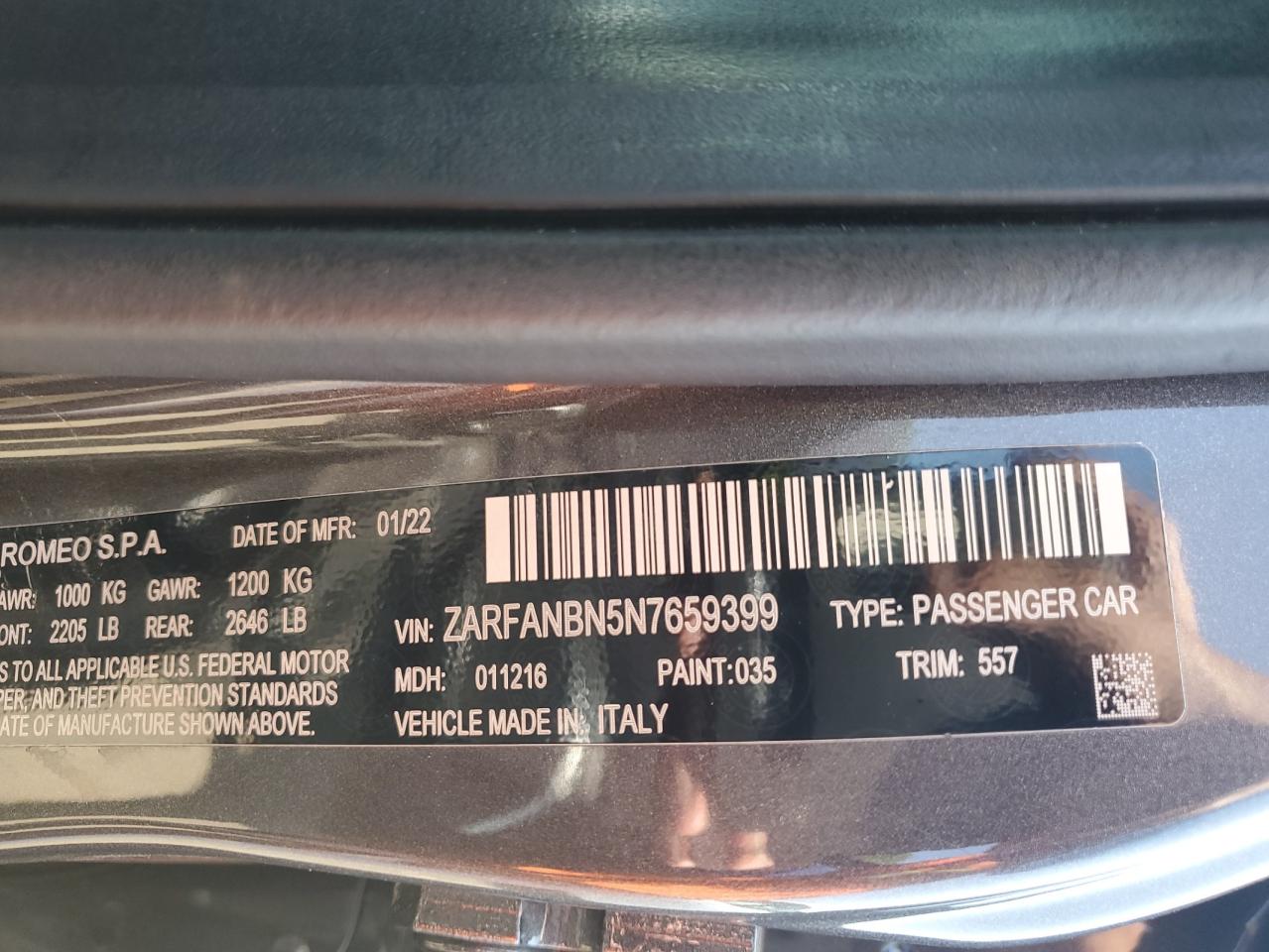 2022 ALFA ROMEO GIULIA SUPER VIN:ZARFANBN5N7659399