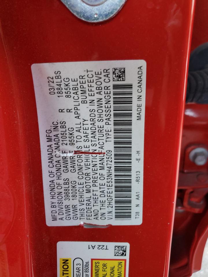 2022 HONDA CIVIC SI VIN:2HGFE1E53NH472509
