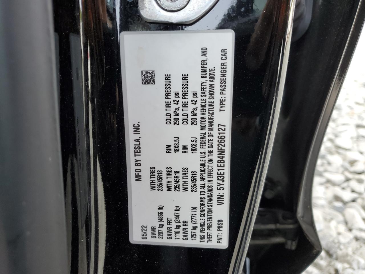 2022 TESLA MODEL 3 VIN:5YJ3E1EB4NF266127